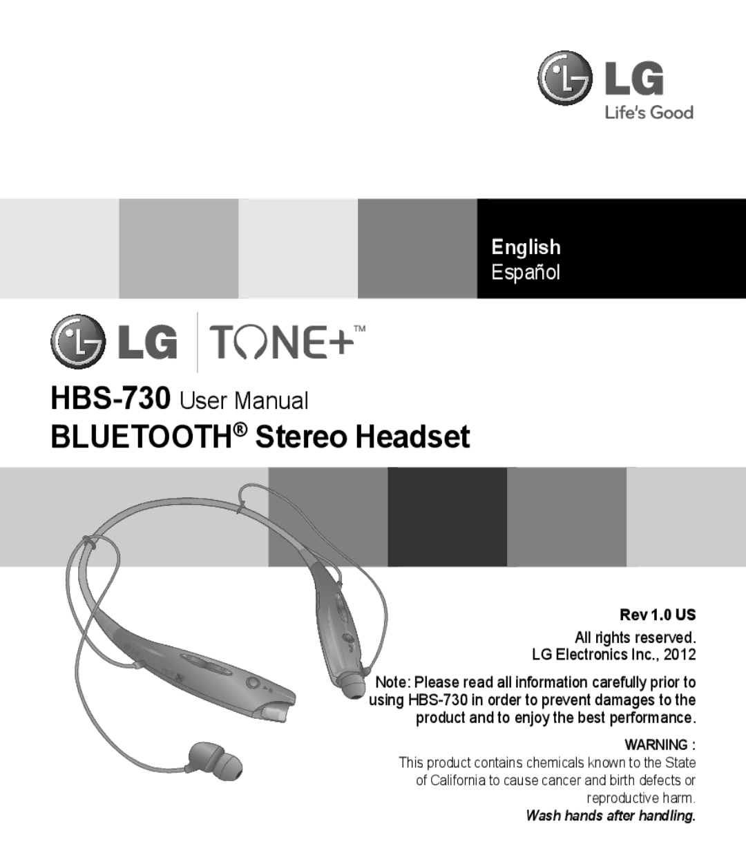 LG Electronics HBS-730 user manual Bluetooth Stereo Headset, English 