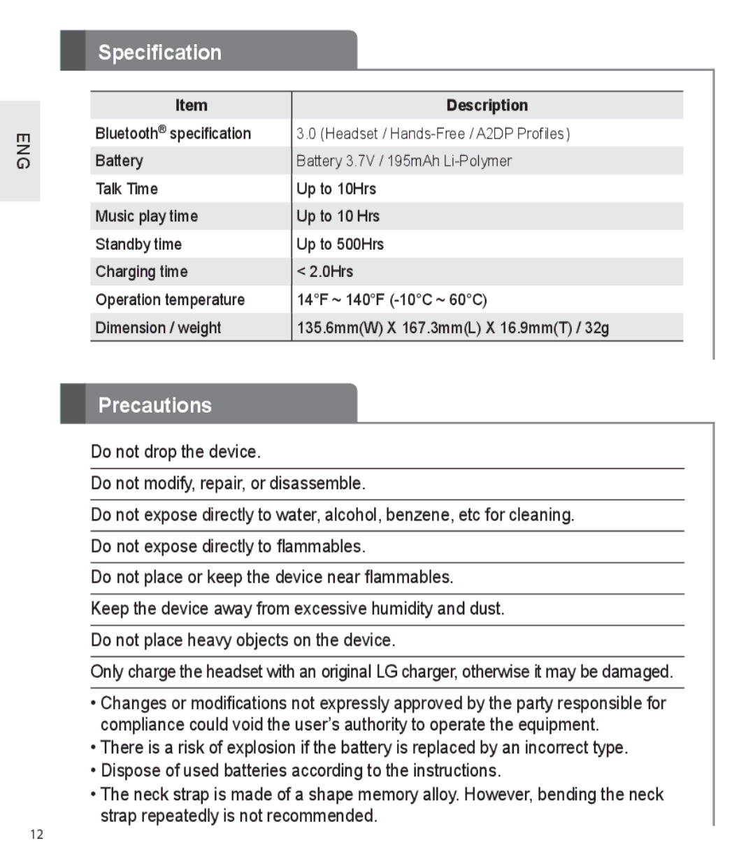 LG Electronics HBS-730 user manual Specification, Precautions 