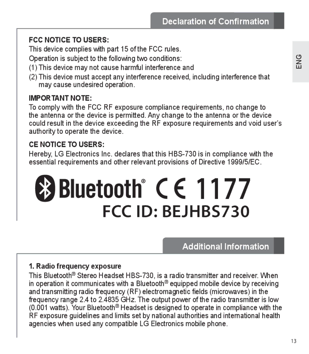 LG Electronics HBS-730 user manual Declaration of Confirmation, Additional Information, Radio frequency exposure 