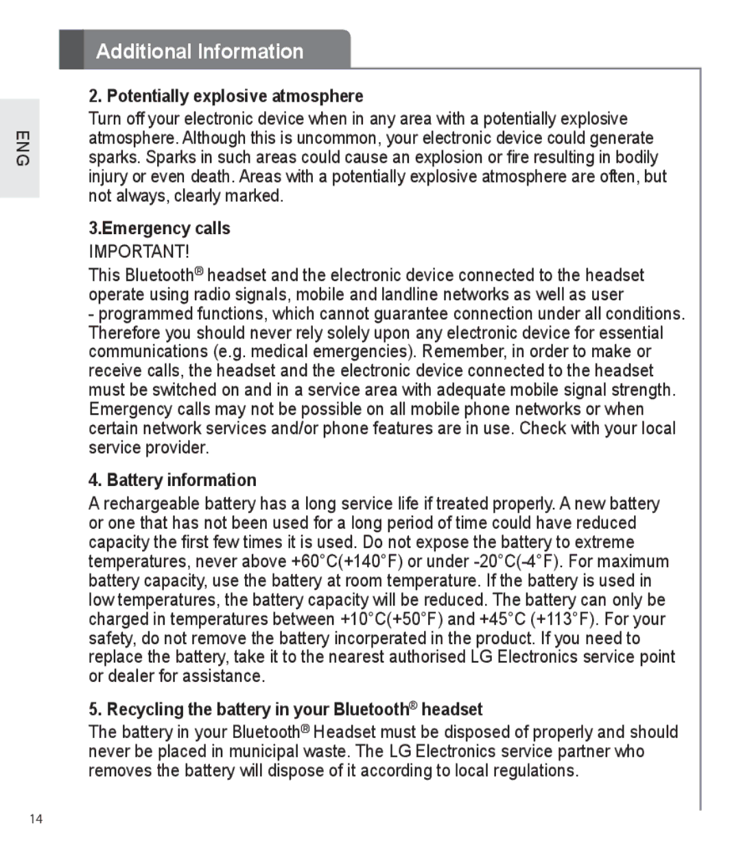 LG Electronics HBS-730 user manual Potentially explosive atmosphere, Emergency calls, Battery information 