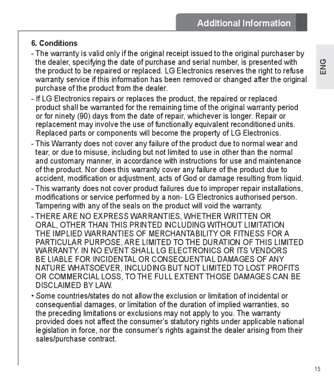 LG Electronics HBS-730 user manual Conditions 