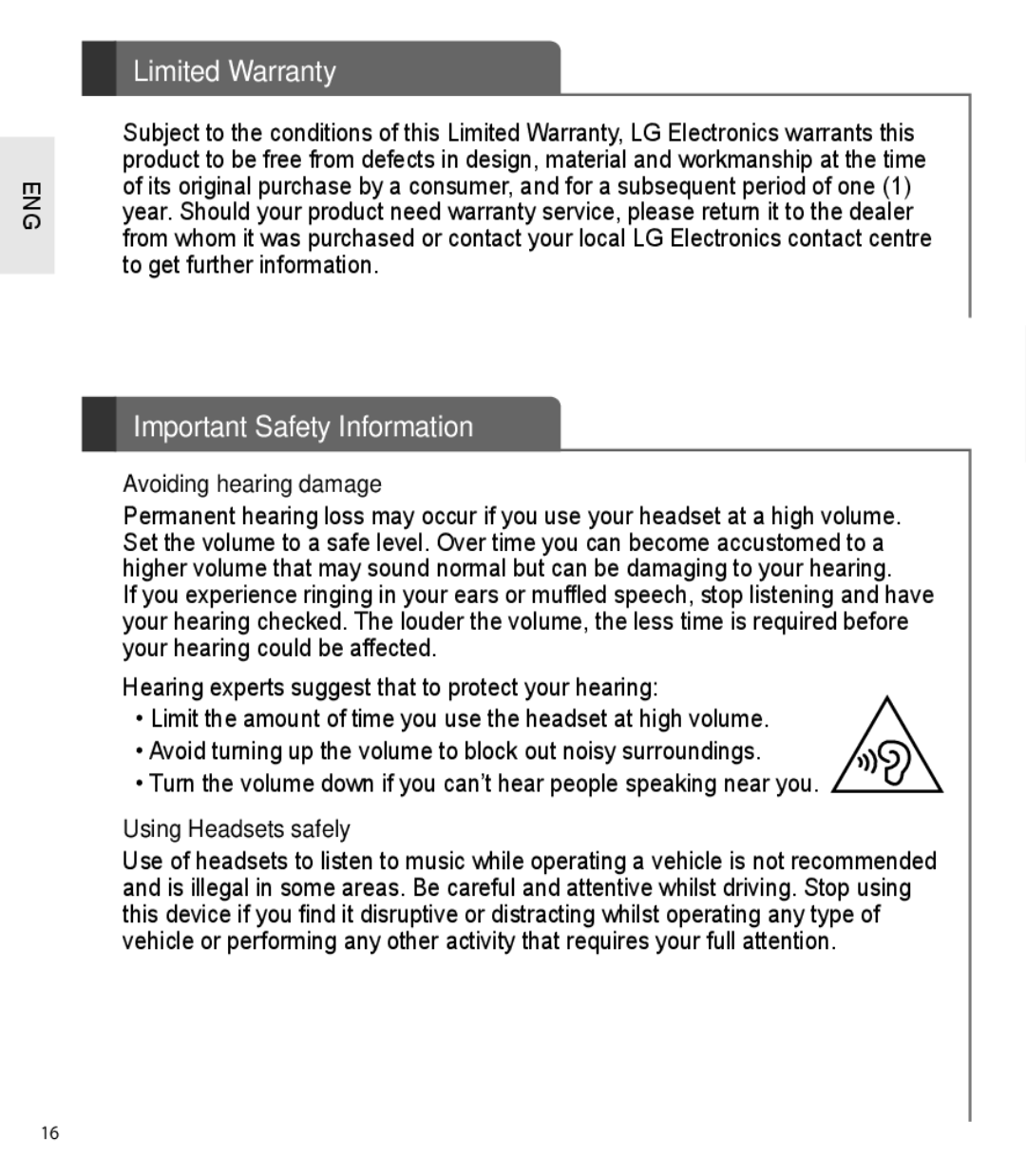 LG Electronics HBS-730 Limited Warranty, Important Safety Information, Avoiding hearing damage, Using Headsets safely 