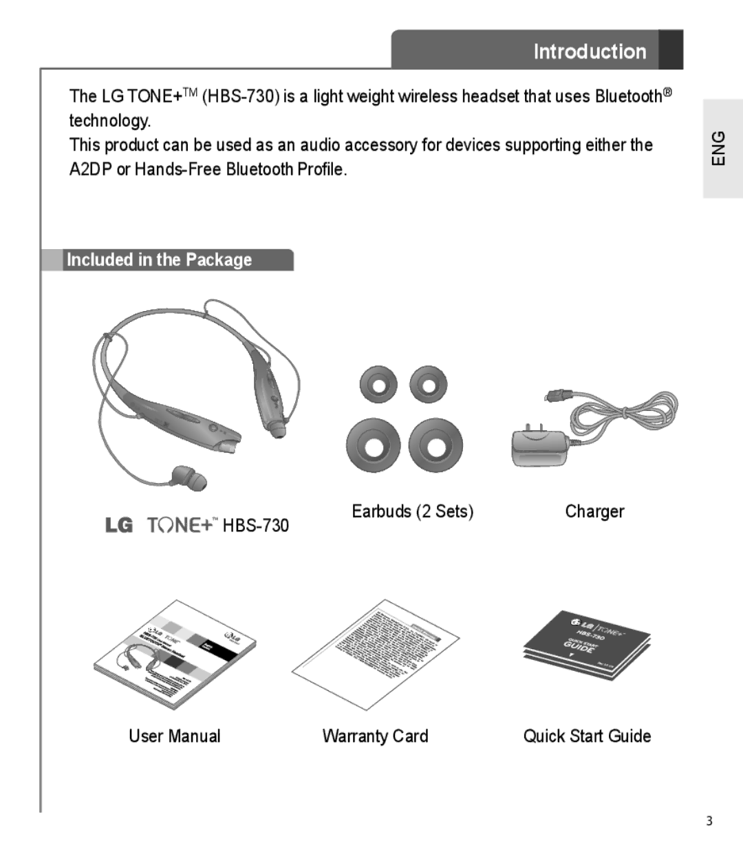 LG Electronics HBS-730 user manual Introduction, Included in the Package 