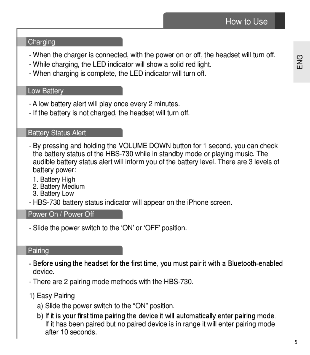 LG Electronics HBS-730 user manual Charging, Low Battery, Battery Status Alert, Power On / Power Off, Pairing 