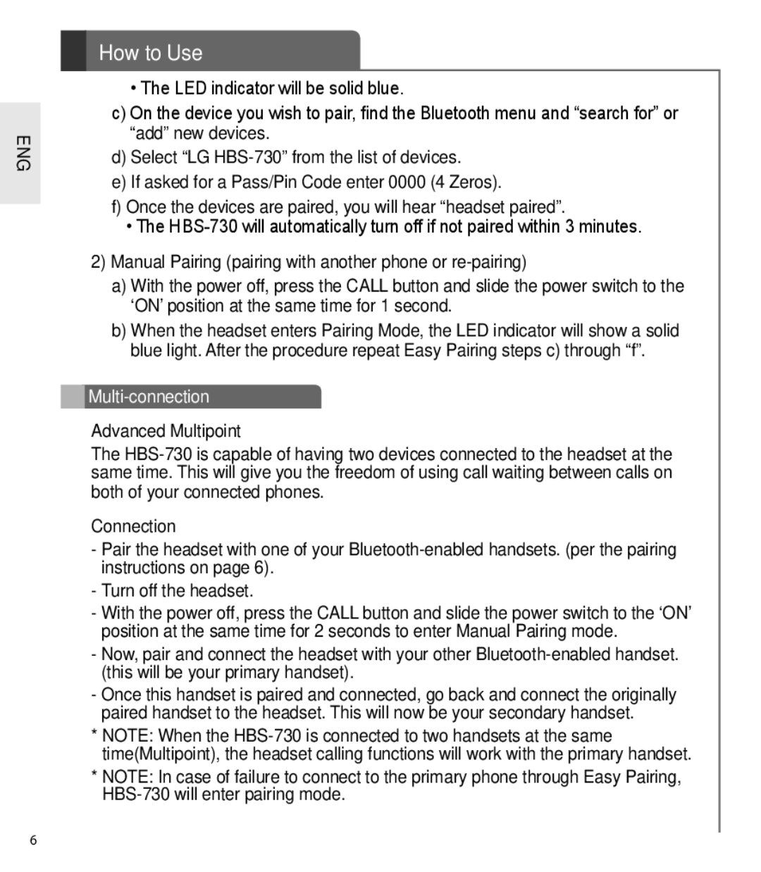 LG Electronics HBS-730 Manual Pairing pairing with another phone or re-pairing, Multi-connection, Advanced Multipoint 