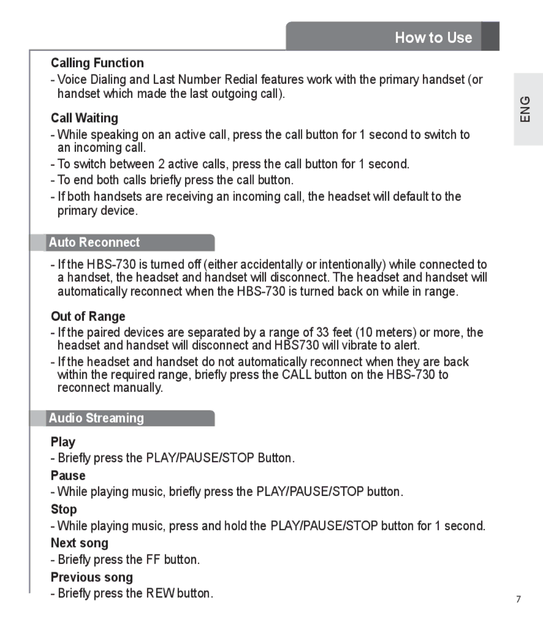 LG Electronics HBS-730 user manual Auto Reconnect, Audio Streaming 