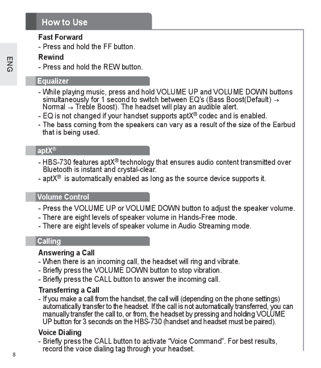 LG Electronics HBS-730 user manual Equalizer, AptX, Volume Control, Calling 