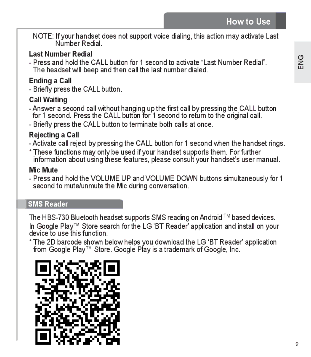 LG Electronics HBS-730 user manual Last Number Redial, Ending a Call, Rejecting a Call, Mic Mute, SMS Reader 