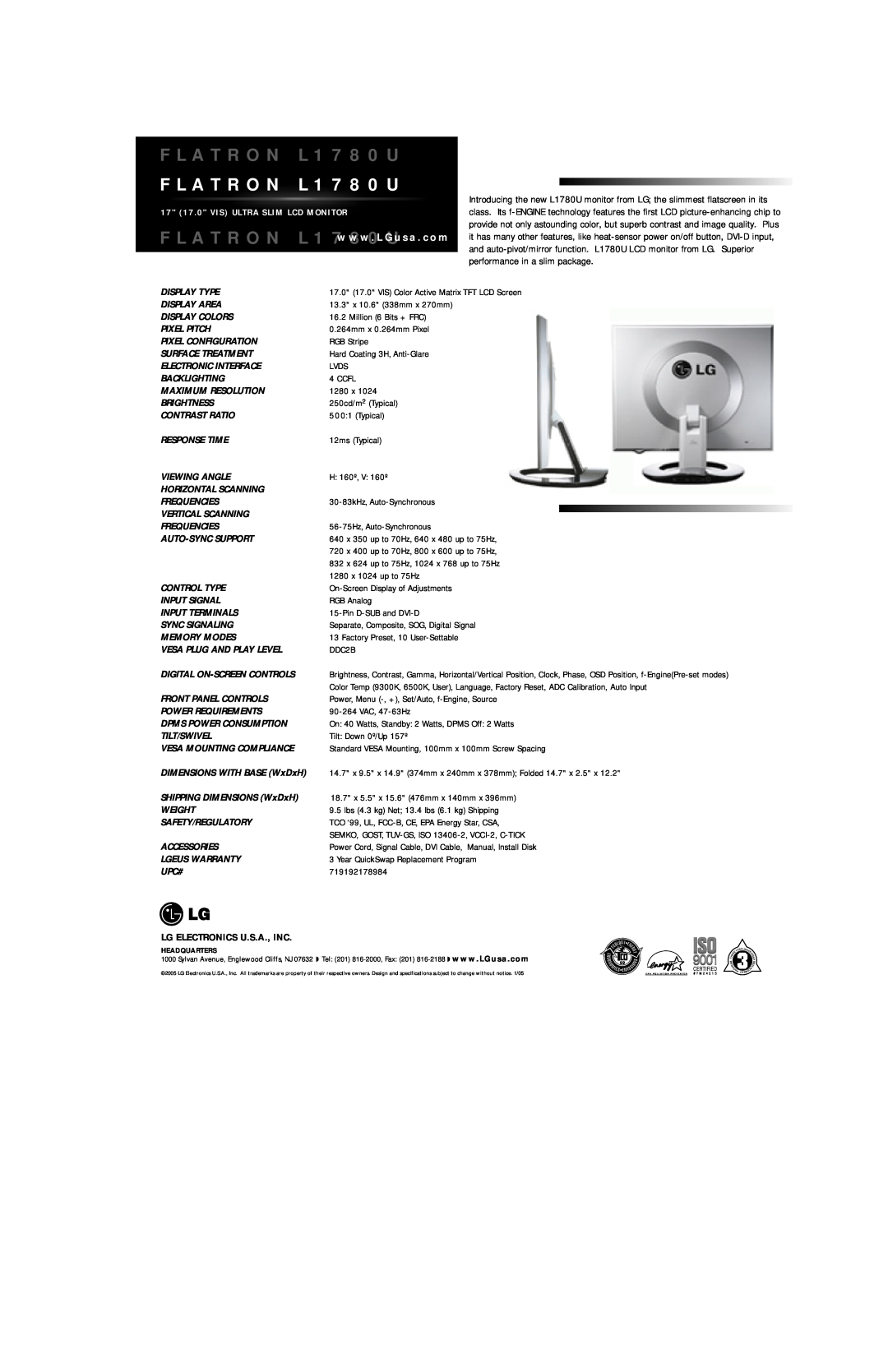 LG Electronics HC-150 manual 17 17.0 VIS ULTRA SLIM LCD MONITOR, FLATRON L1780Uw w w. L G u s a . c o m 