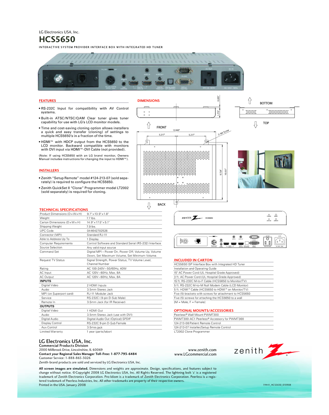 LG Electronics HCS5650 warranty Features, Installers, Dimensions, Technical Specifications, Included in Carton 