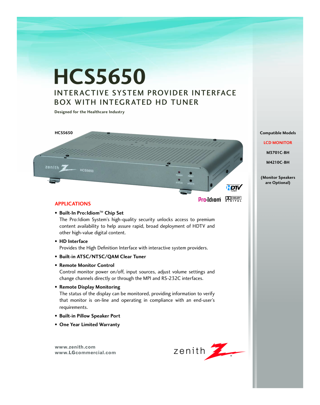 LG Electronics HCS5650 warranty Inter Active System Provider Interface Box With Integr Ated Hd Tuner, Applications 