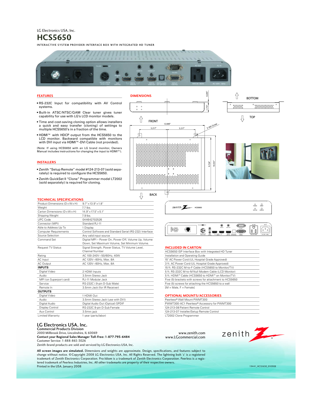 LG Electronics HCS5650 warranty LG Electronics USA, Inc, Commercial Products Division, Features, Installers, Dimensions 