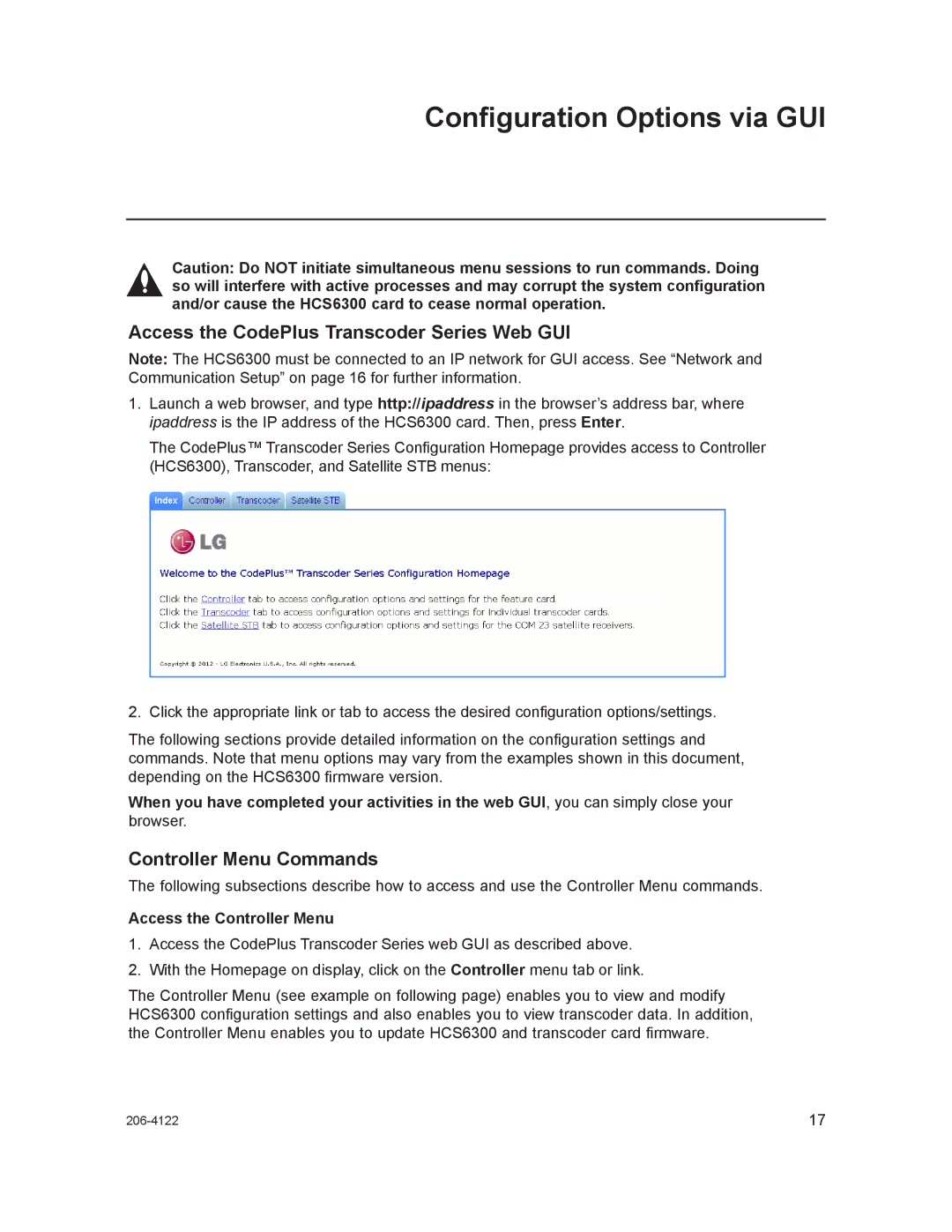 LG Electronics HCS6300 setup guide Configuration Options via GUI, Access the CodePlus Transcoder Series Web GUI 