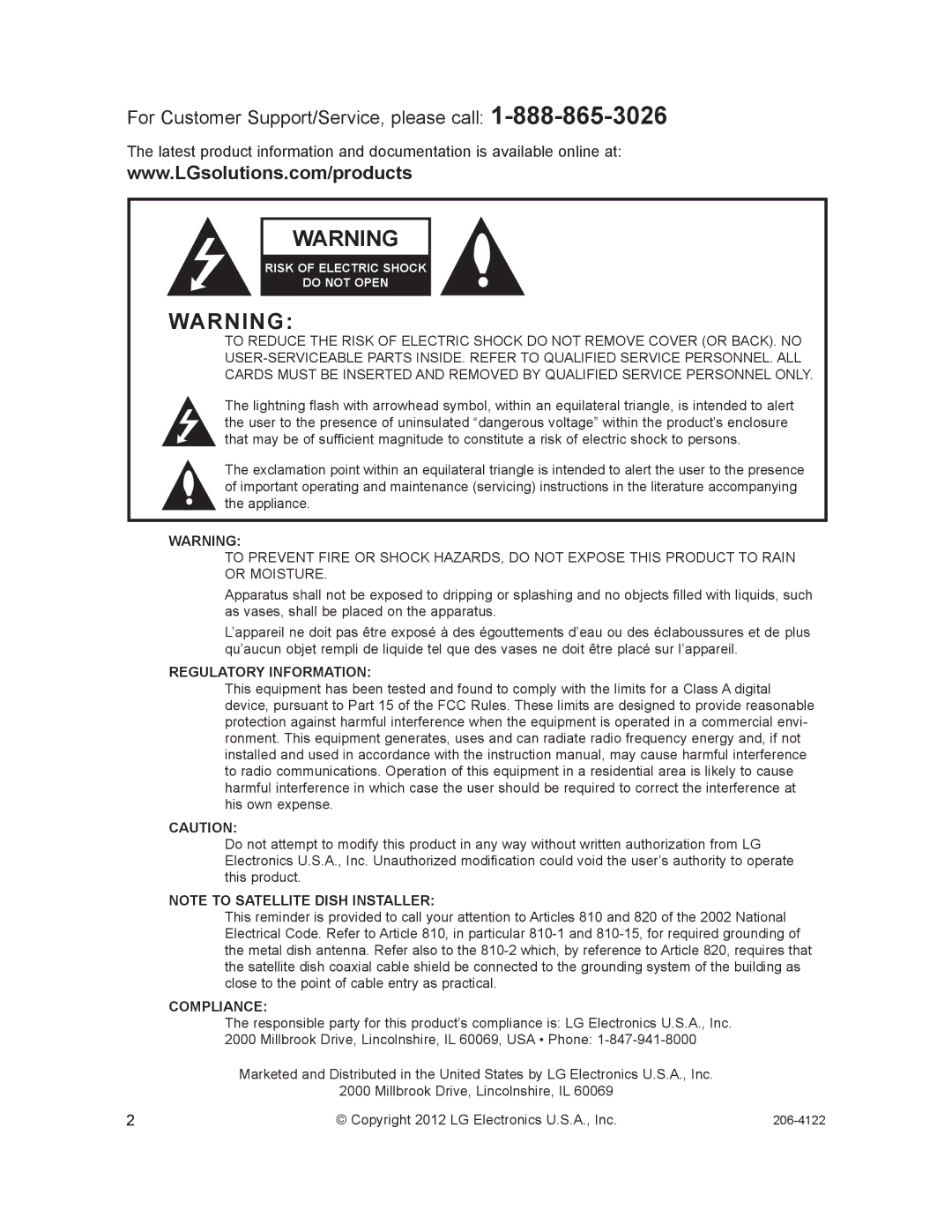 LG Electronics HCS6300 setup guide For Customer Support/Service, please call­1-888-865-3026 