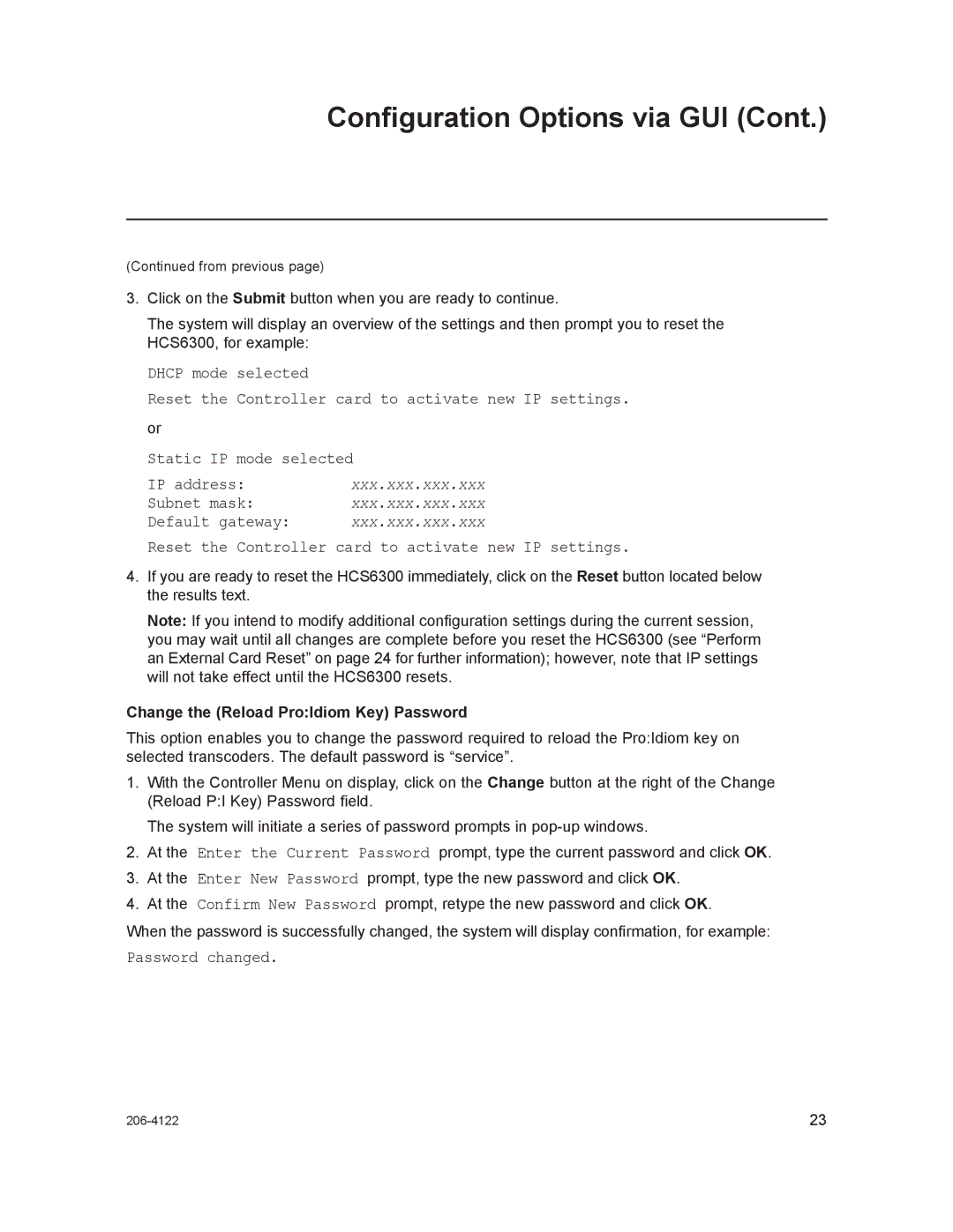 LG Electronics HCS6300 setup guide Reset the Controller card to activate new IP settings, Password changed 