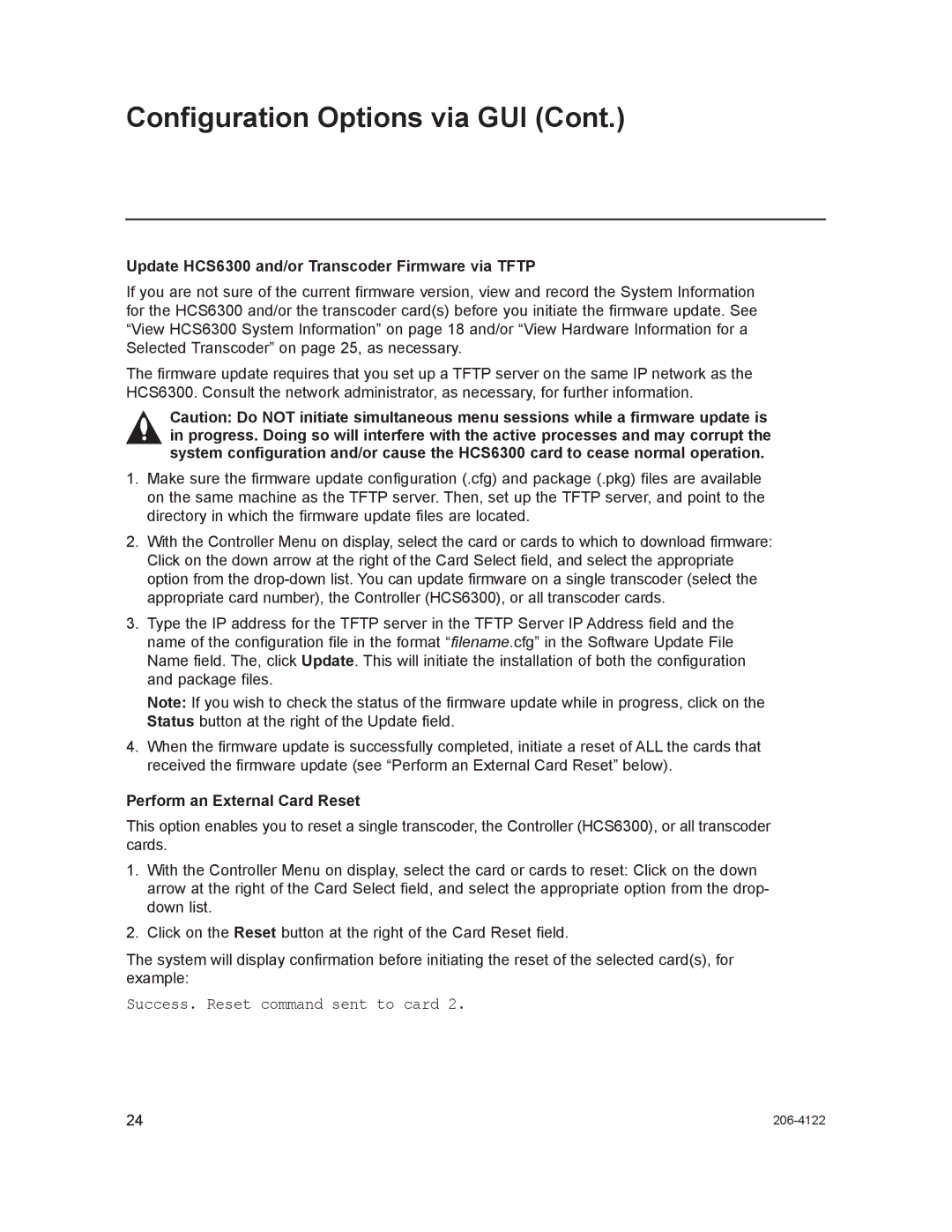 LG Electronics setup guide Success. Reset command sent to card, Update HCS6300 and/or Transcoder Firmware via Tftp 