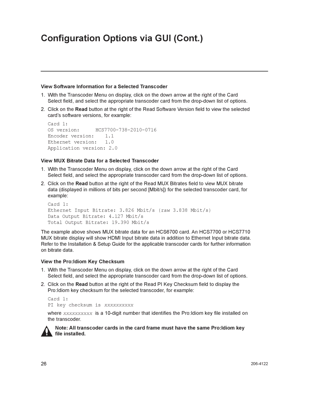 LG Electronics HCS6300 setup guide Card PI key checksum is, View Software Information for a Selected Transcoder 