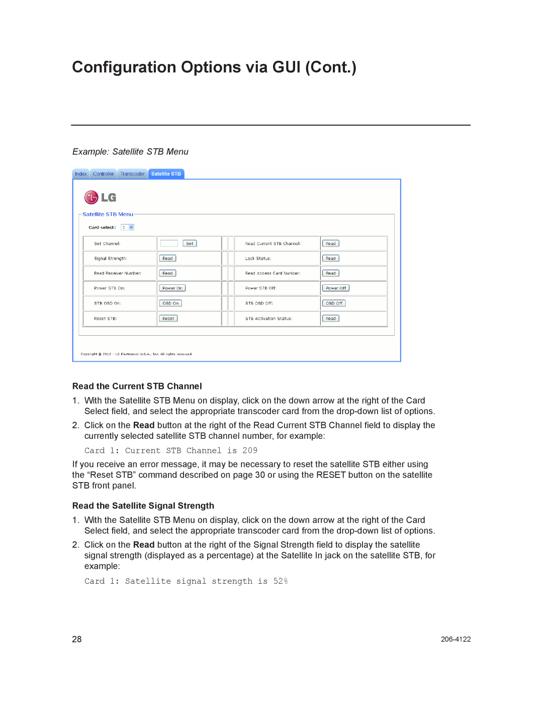 LG Electronics HCS6300 setup guide Card 1 Current STB Channel is, Card 1 Satellite signal strength is 52% 