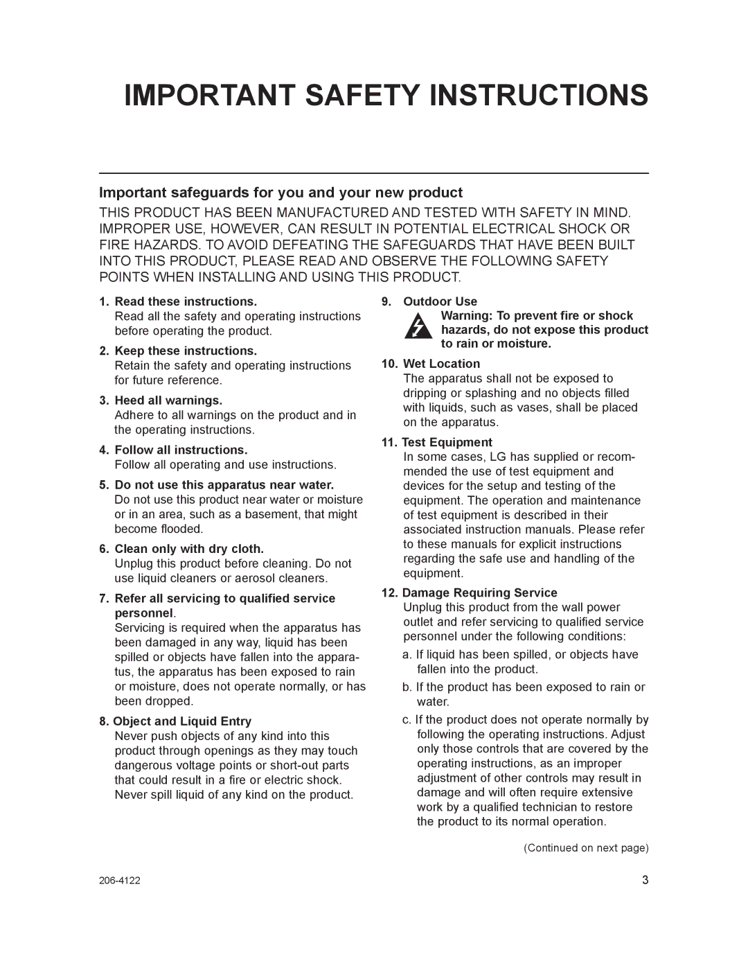 LG Electronics HCS6300 setup guide Important safeguards for you and your new product 