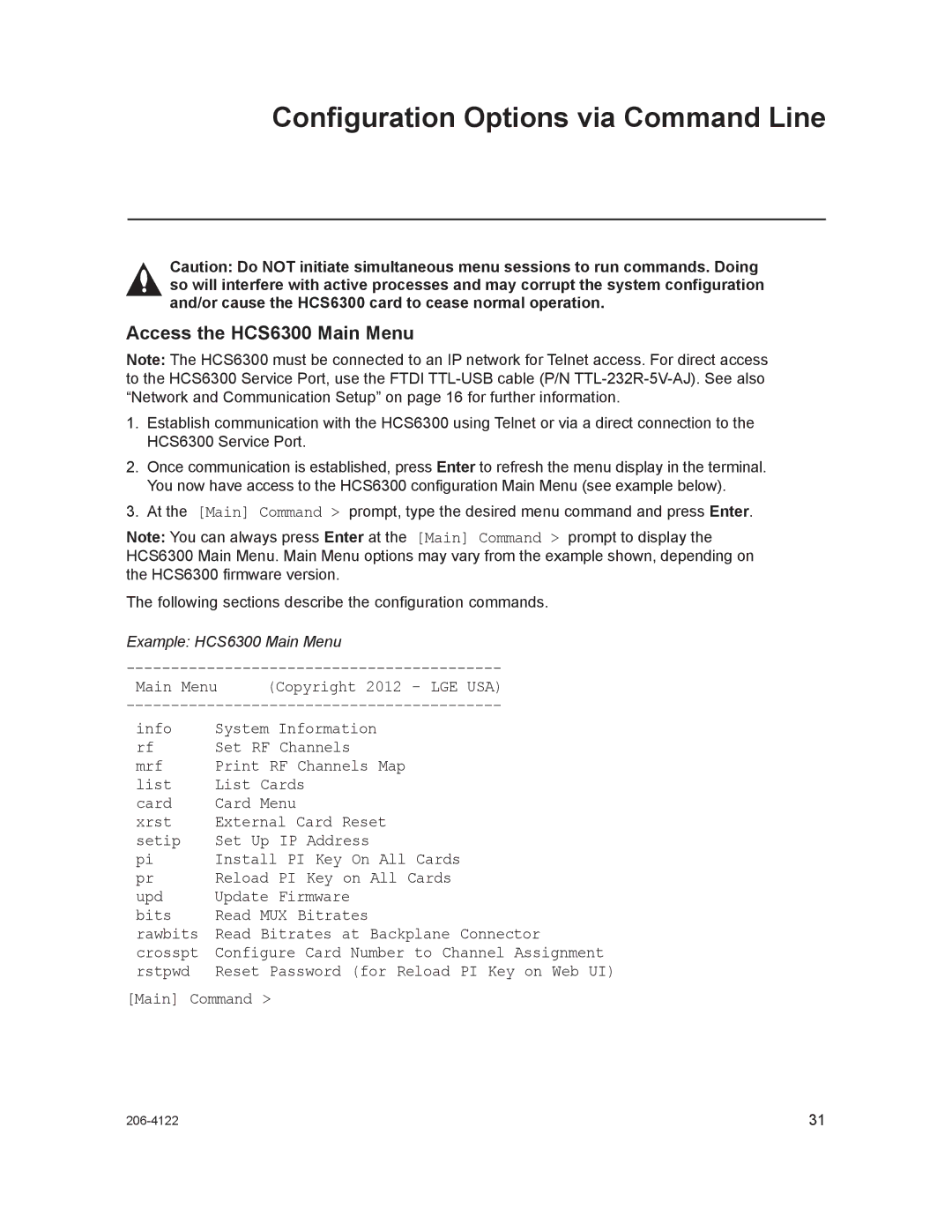 LG Electronics setup guide Configuration Options via Command Line, Access the HCS6300 Main Menu, Main Command 