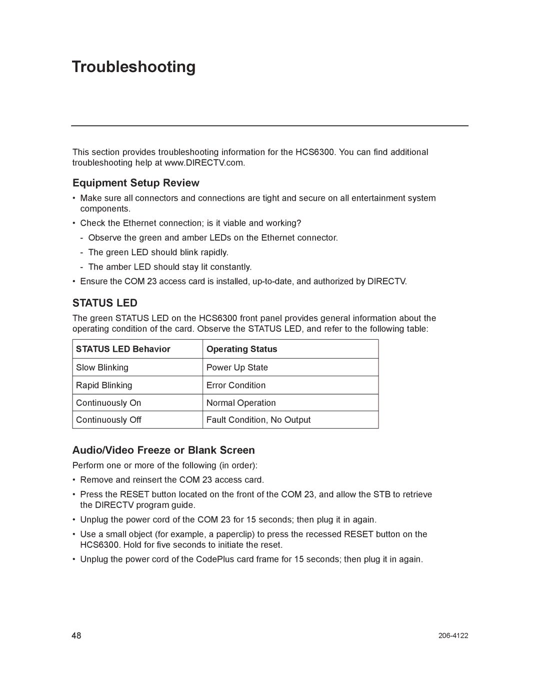 LG Electronics HCS6300 setup guide Troubleshooting, Equipment Setup Review, Audio/Video Freeze or Blank Screen 