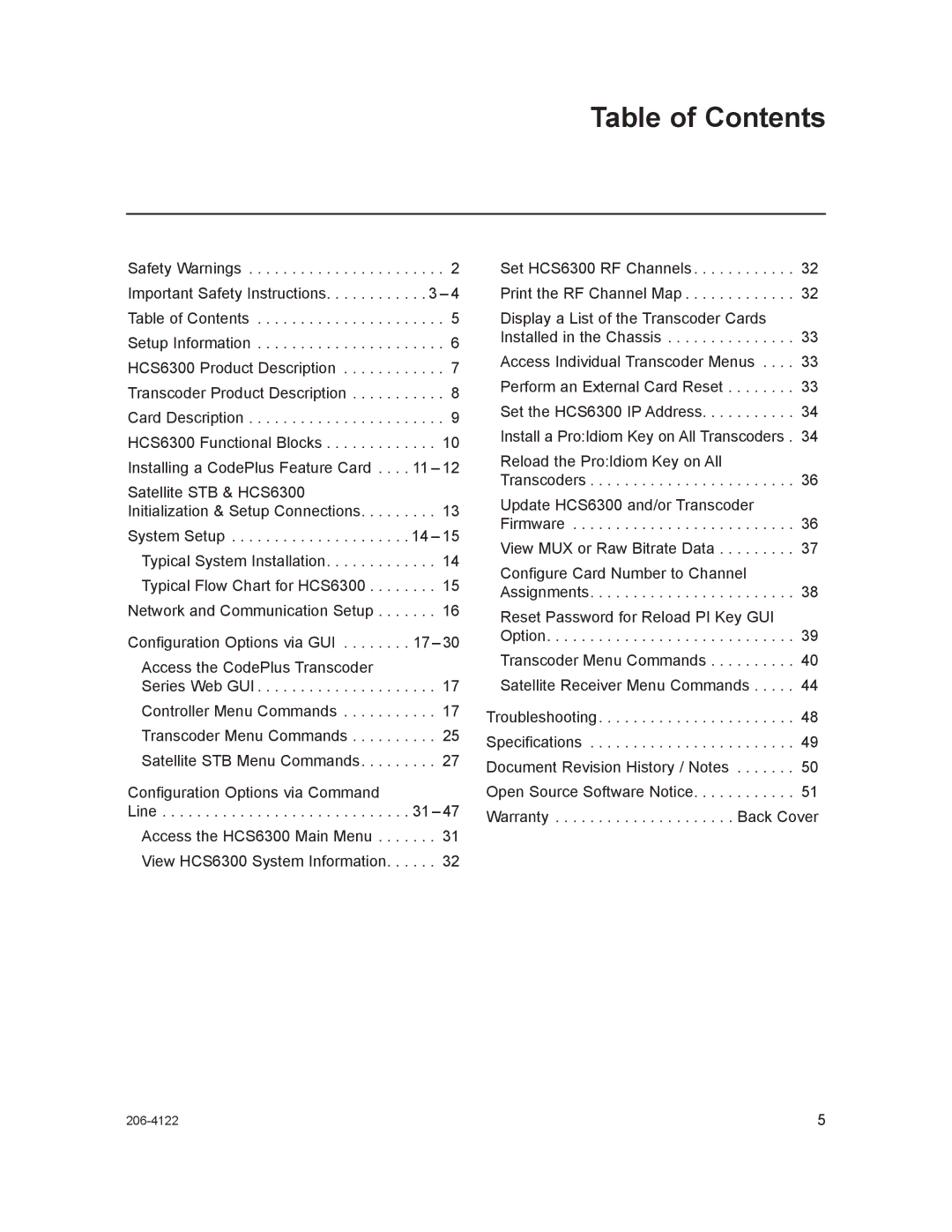 LG Electronics HCS6300 setup guide Table of Contents 