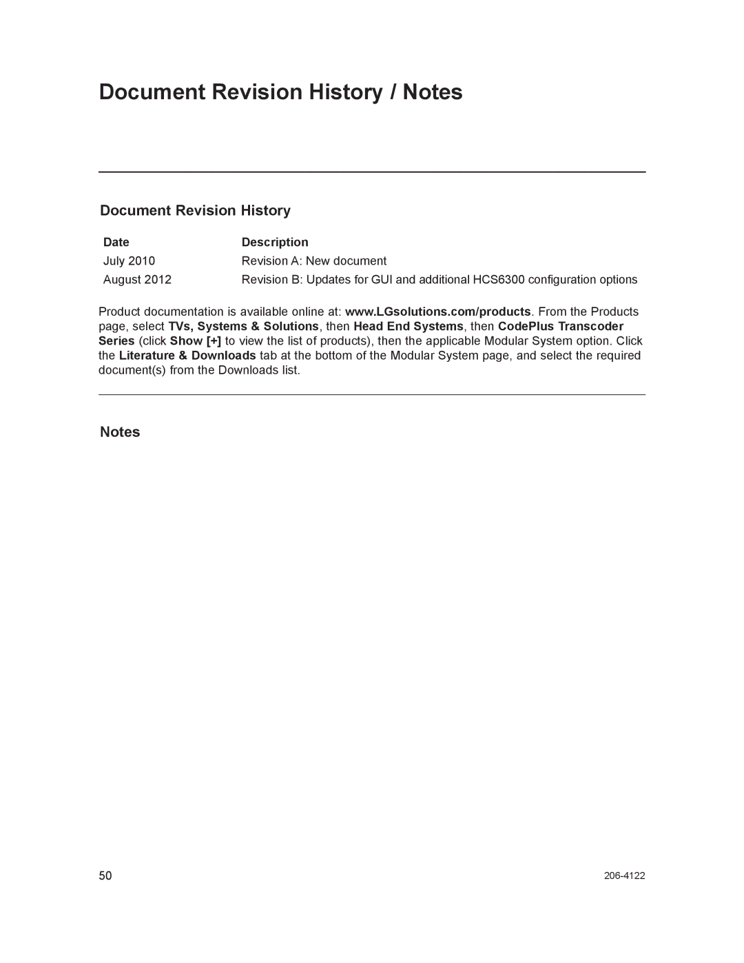 LG Electronics HCS6300 setup guide Document Revision History / Notes, Date Description 