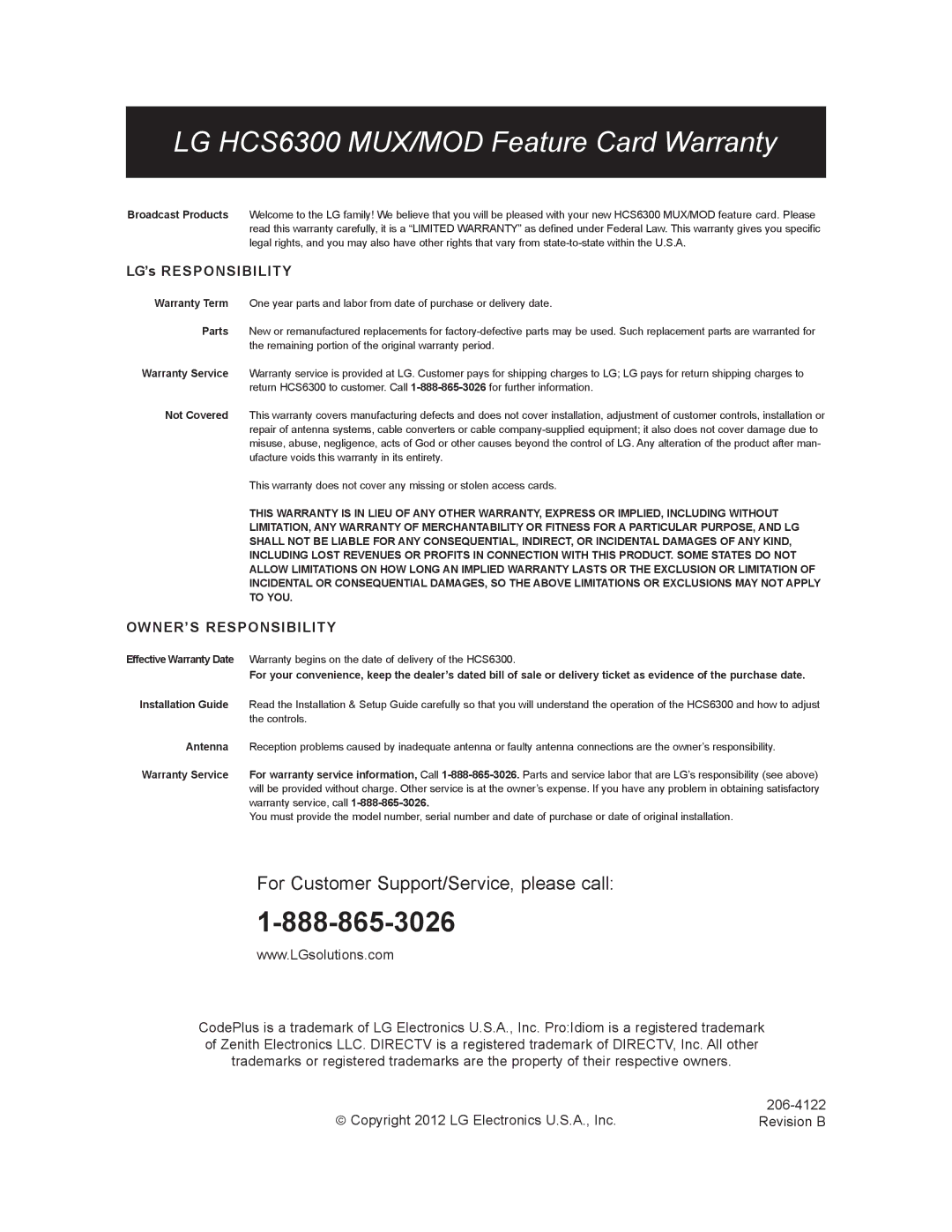 LG Electronics setup guide LG HCS6300 MUX/MOD Feature Card Warranty 