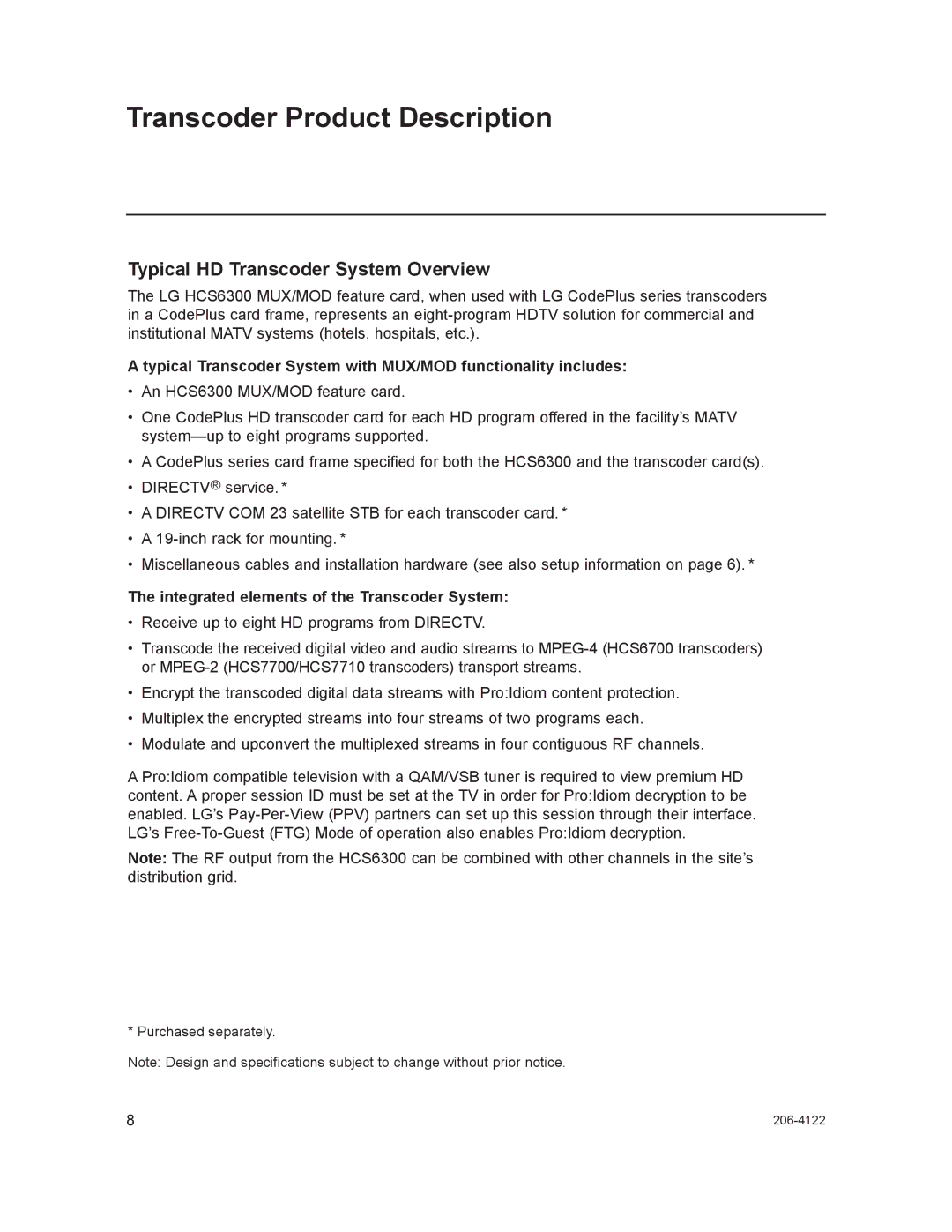 LG Electronics HCS6300 setup guide Transcoder Product Description, Typical HD Transcoder System Overview 