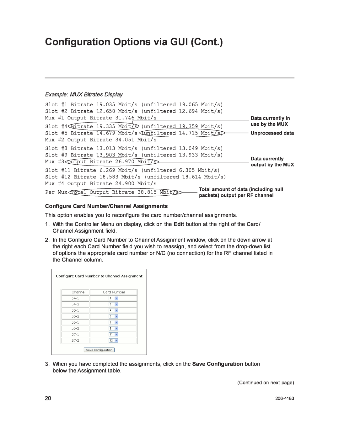 LG Electronics HCS6320 setup guide Example MUX Bitrates Display, Configure Card Number/Channel Assignments 