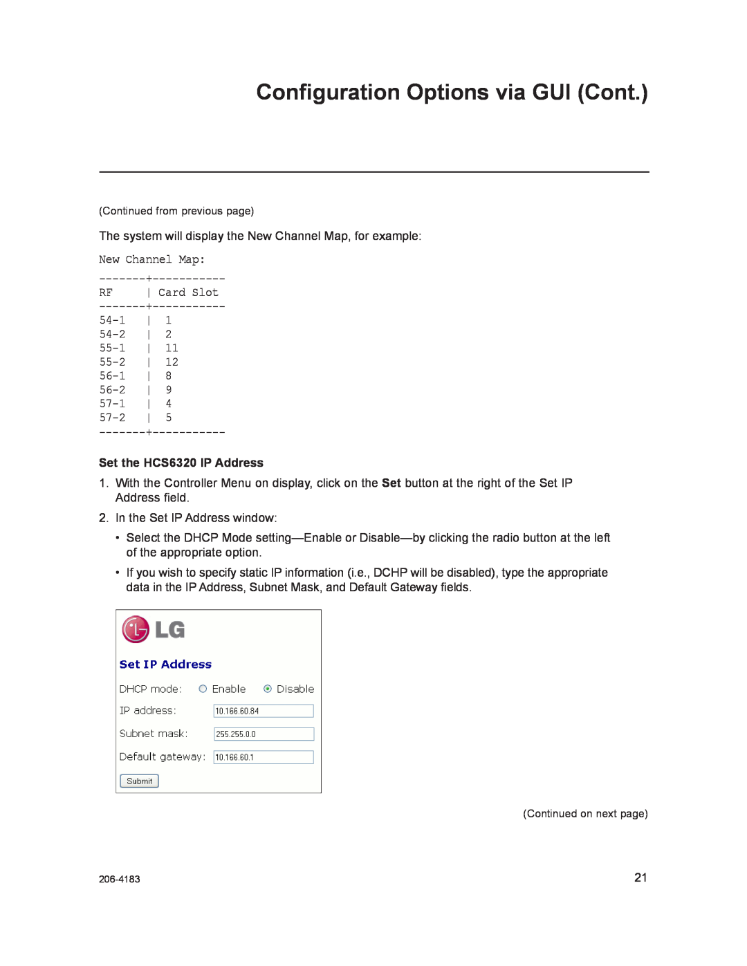 LG Electronics setup guide Set the HCS6320 IP Address, Configuration Options via GUI Cont 