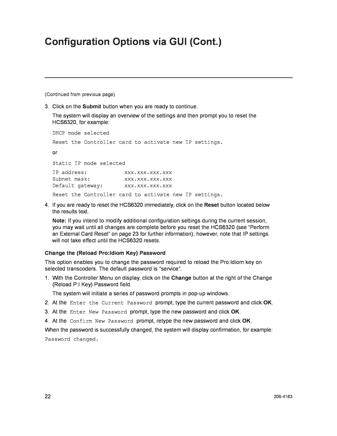 LG Electronics HCS6320 DHCP mode selected, Reset the Controller card to activate new IP settings. or, Password changed 