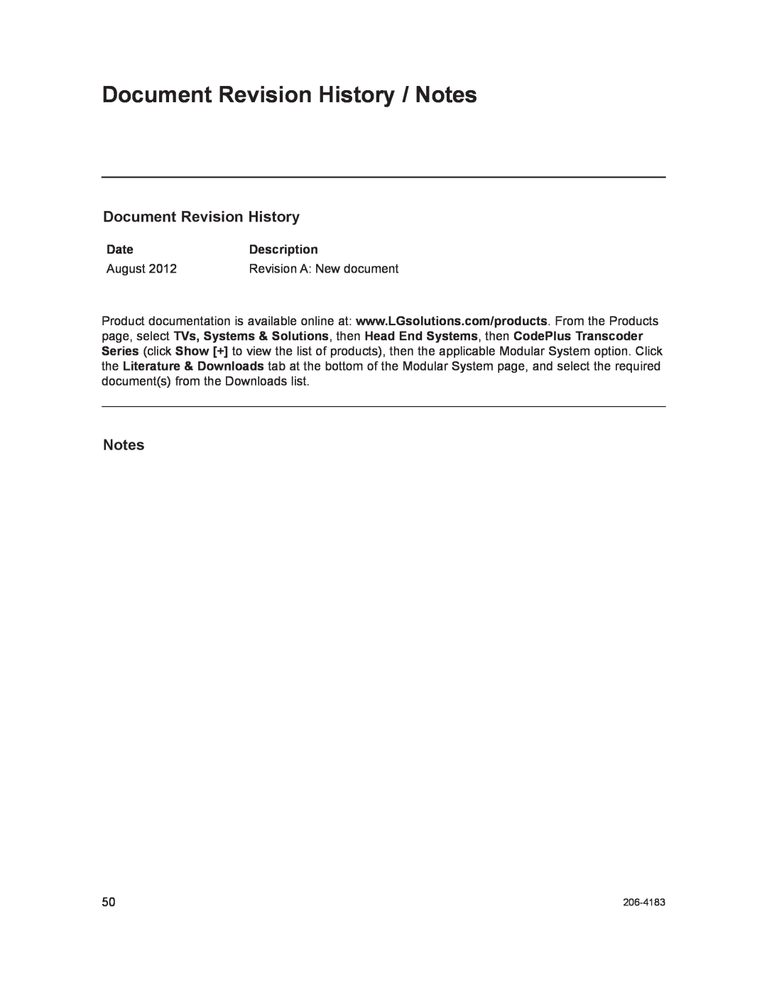 LG Electronics HCS6320 Document Revision History / Notes, Date, Description, August, Revision A New document, 206-4183 