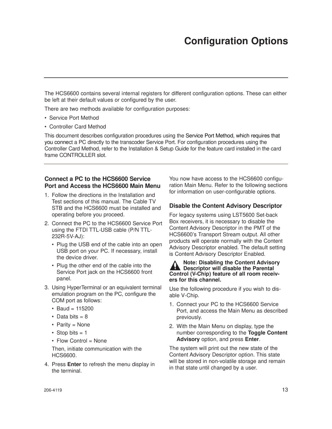 LG Electronics HCS6600 setup guide Configuration Options, Disable the Content Advisory Descriptor 