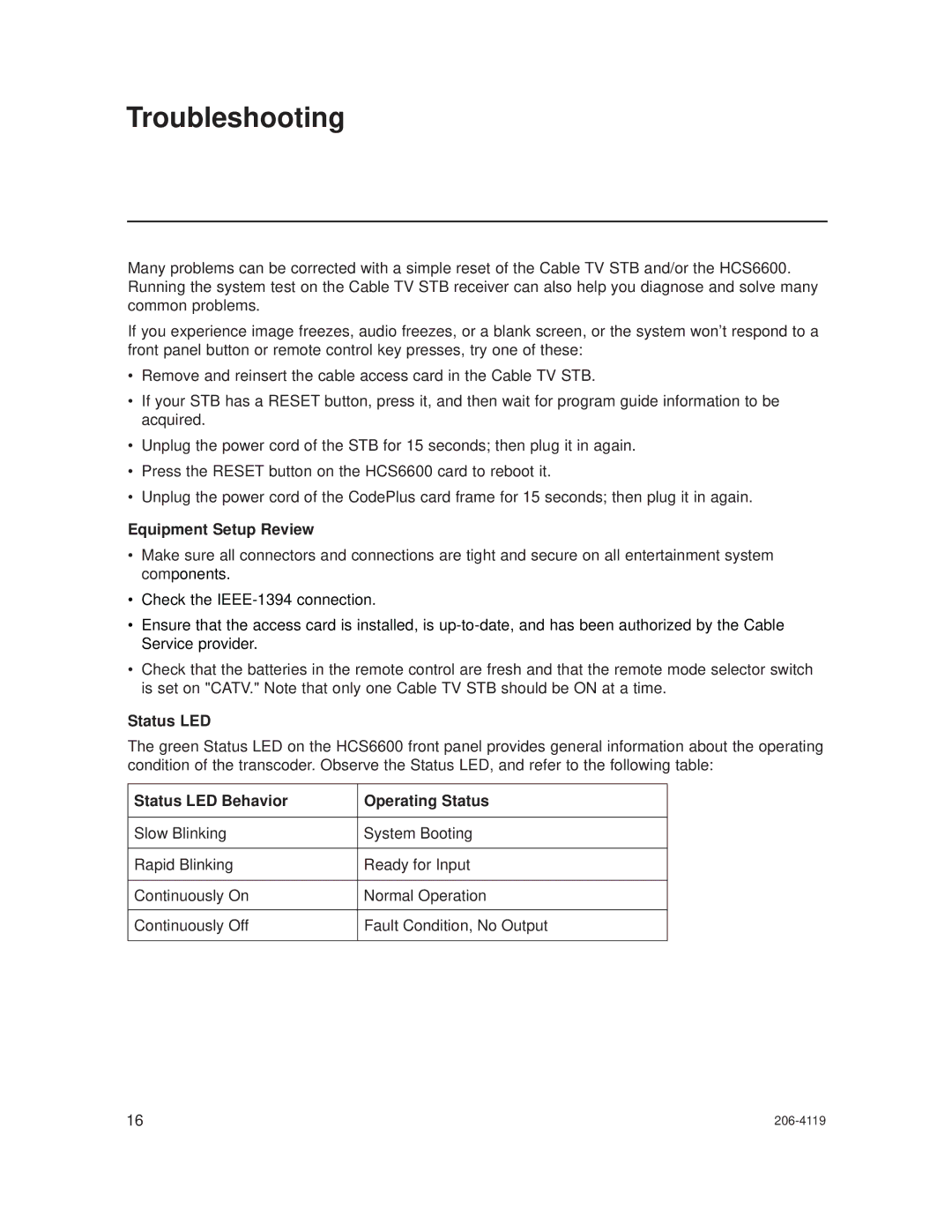 LG Electronics HCS6600 setup guide Troubleshooting, Equipment Setup Review, Status LED Behavior Operating Status 