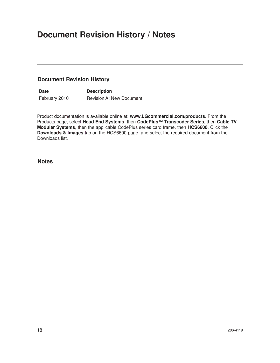 LG Electronics HCS6600 setup guide Document Revision History / Notes, Date Description February Revision a New Document 