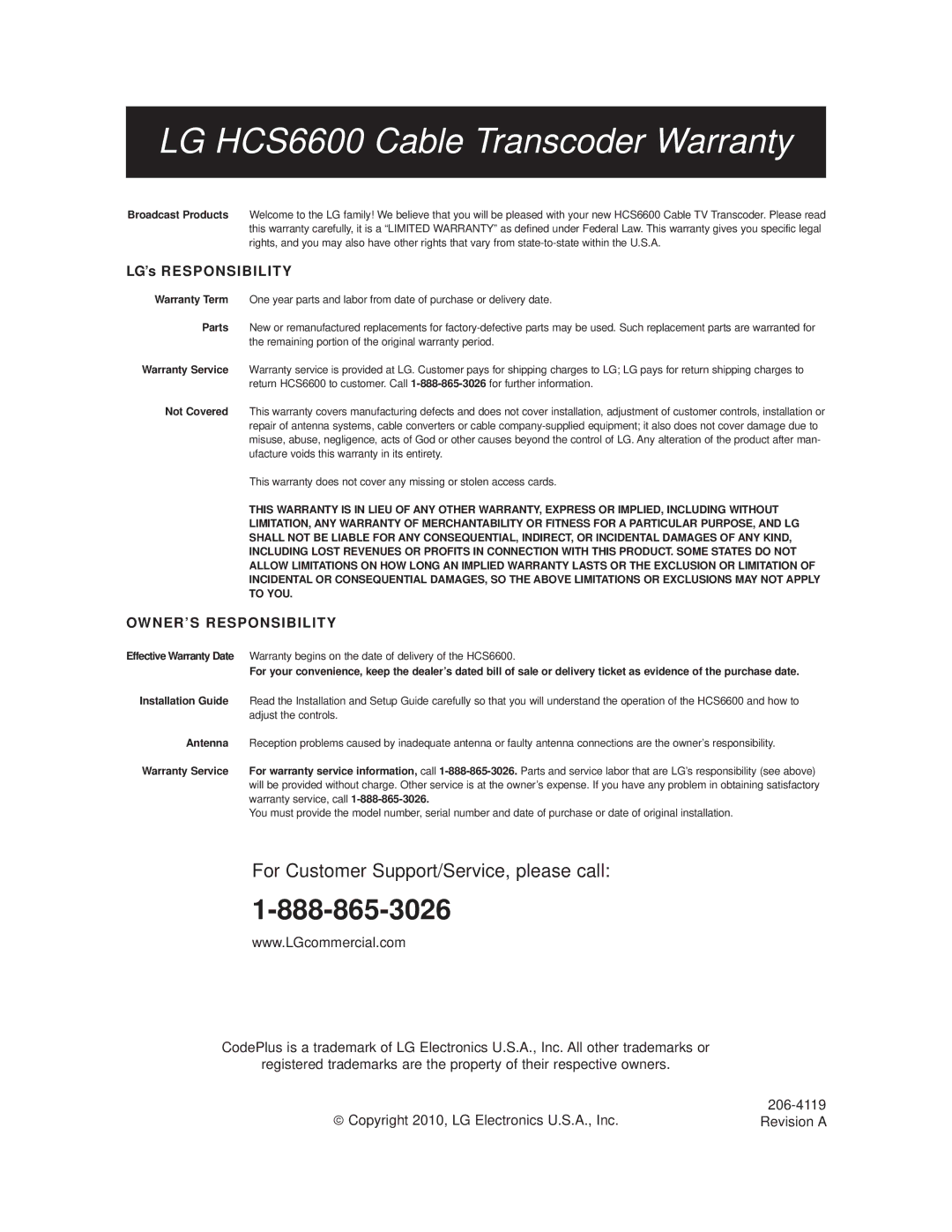 LG Electronics setup guide LG HCS6600 Cable Transcoder Warranty 