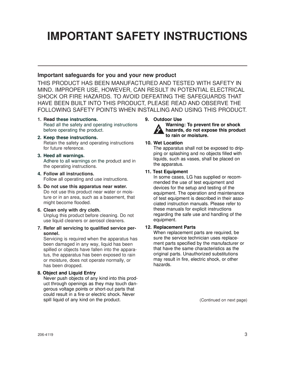 LG Electronics HCS6600 setup guide Important safeguards for you and your new product, Follow all instructions 