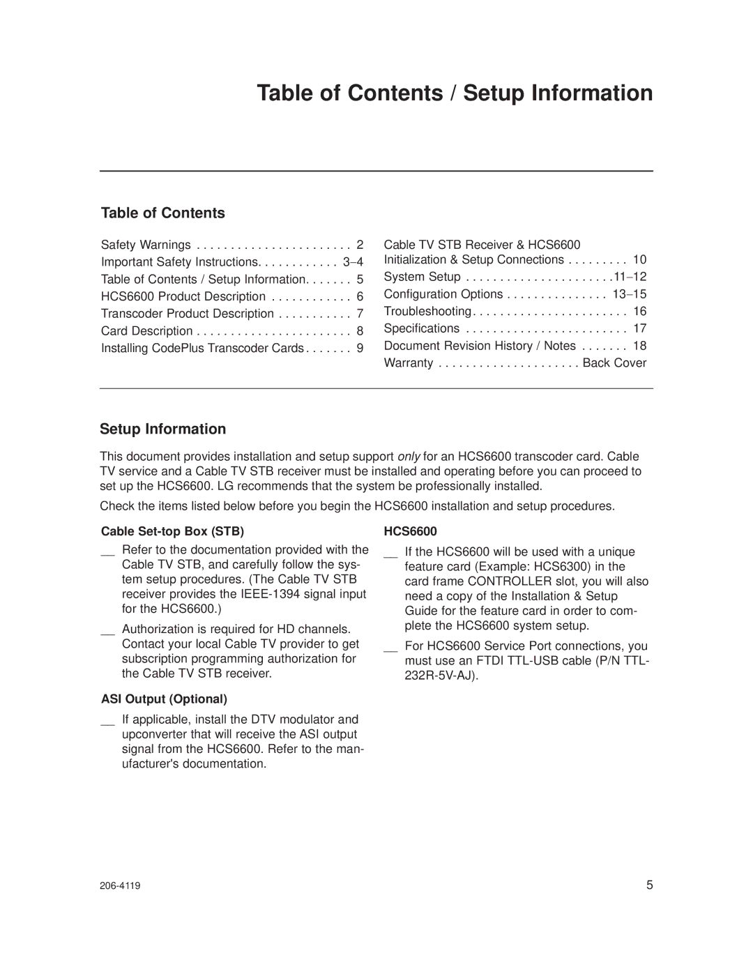 LG Electronics HCS6600 setup guide Table of Contents / Setup Information 