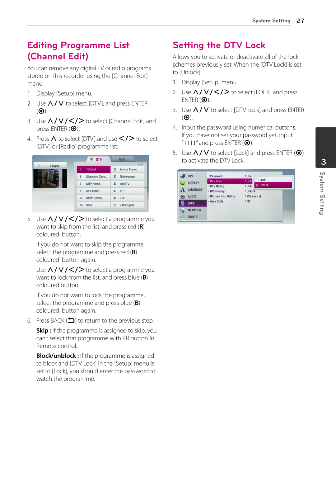 LG Electronics HR931M, HR935M, HR939M, HR932M, HR933M owner manual Editing Programme List Channel Edit, Setting the DTV Lock 