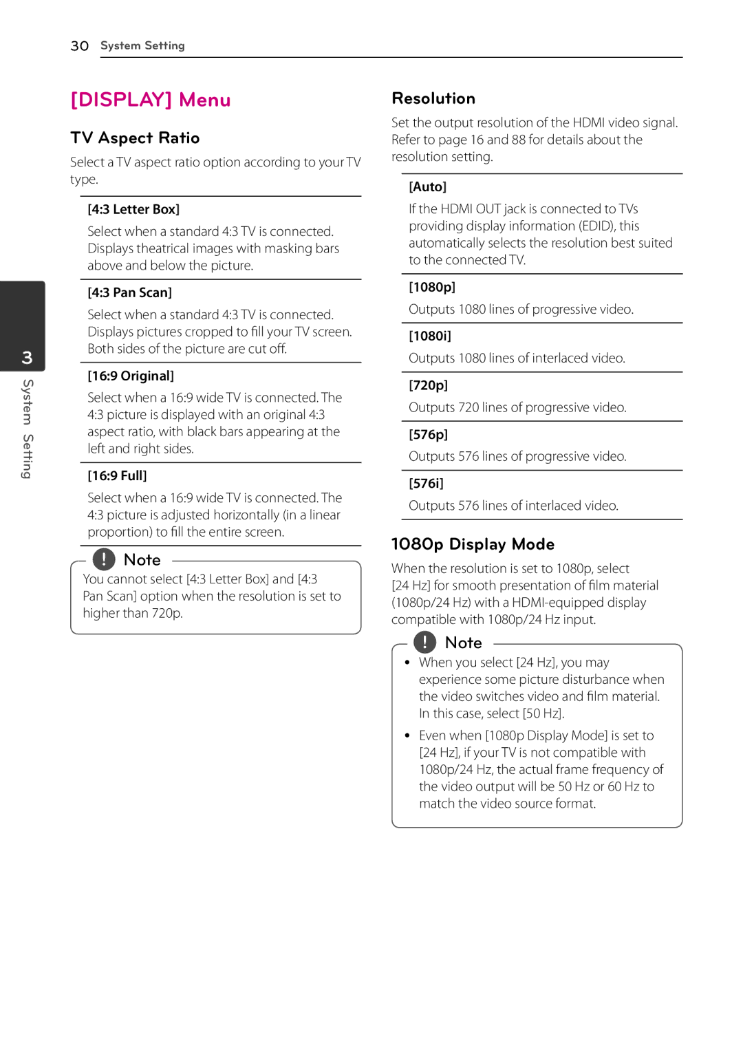 LG Electronics HR935M, HR939M, HR931M, HR932M, HR933M Display Menu, TV Aspect Ratio, Resolution, 1080p Display Mode 