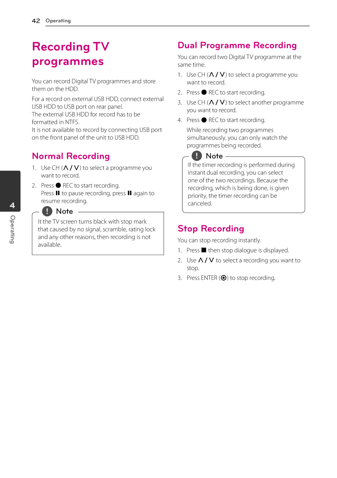 LG Electronics HR931M, HR935M, HR939M, HR932M, HR933M owner manual Dual Programme Recording, Normal Recording, Stop Recording 