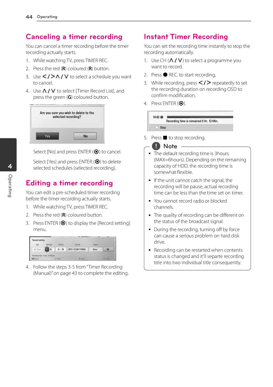 LG Electronics HR933M, HR935M, HR939M Canceling a timer recording, Editing a timer recording, Instant Timer Recording 