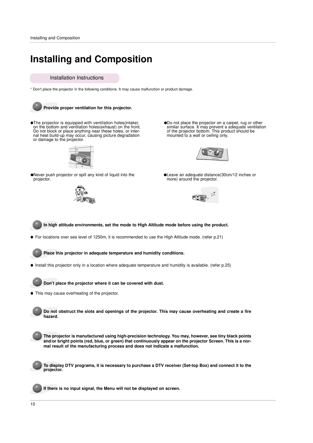 LG Electronics HS101 Installing and Composition, Installation Instructions, This may cause overheating of the projector 