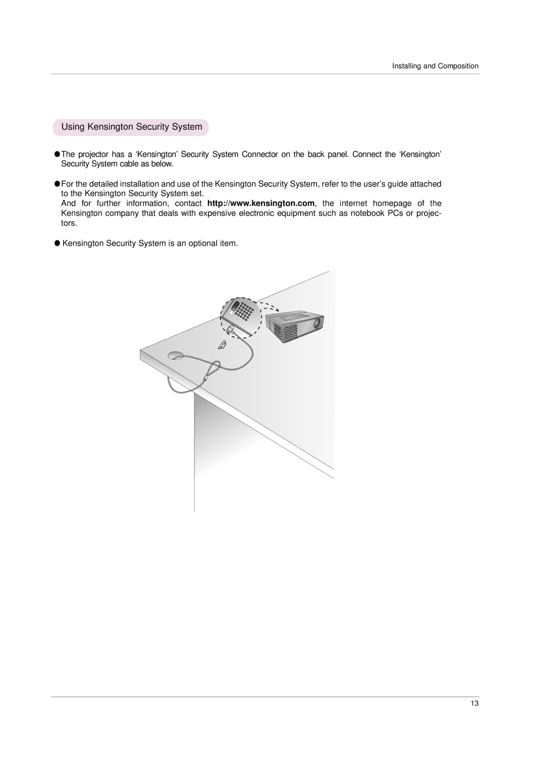 LG Electronics HS101 owner manual Using Kensington Security System 