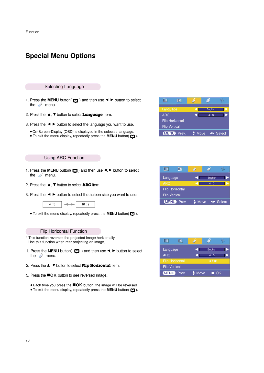 LG Electronics HS101 Selecting Language, Using ARC Function, Flip Horizontal Function, Then use F , G button to select 