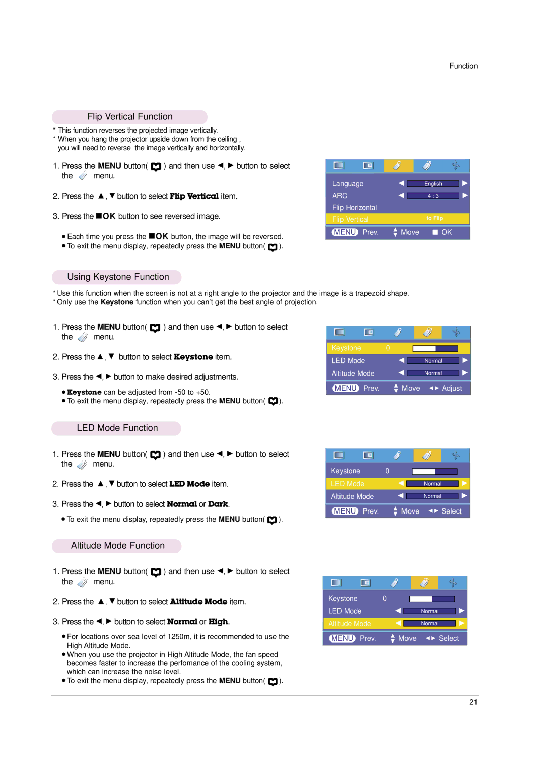 LG Electronics HS101 Flip Vertical Function, Using Keystone Function, LED Mode Function, Altitude Mode Function 