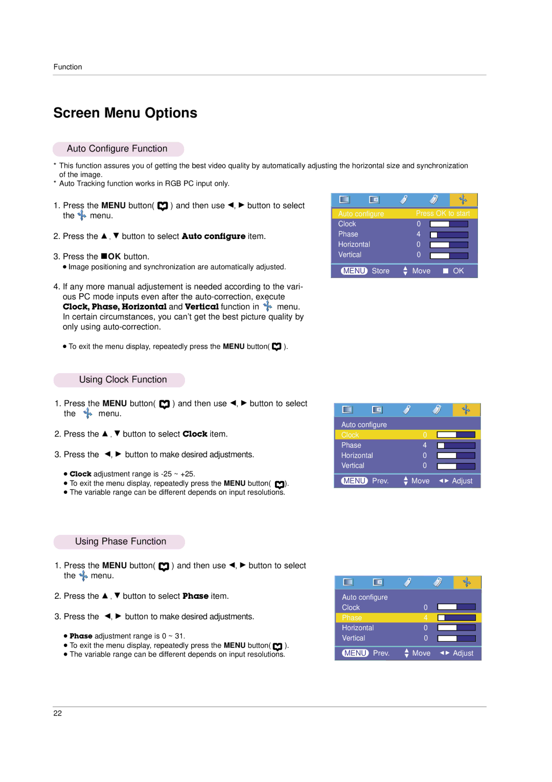 LG Electronics HS101 owner manual Auto Configure Function, Using Clock Function, Using Phase Function 