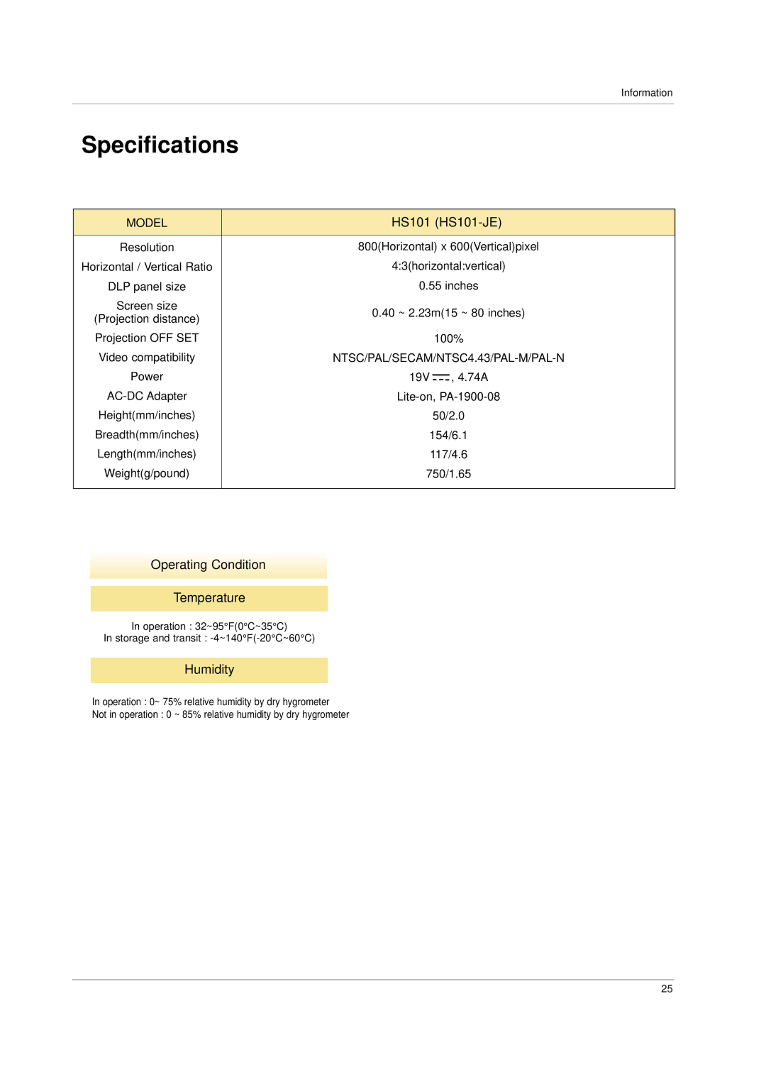 LG Electronics owner manual Specifications, HS101 HS101-JE, Operating Condition Temperature, Humidity 