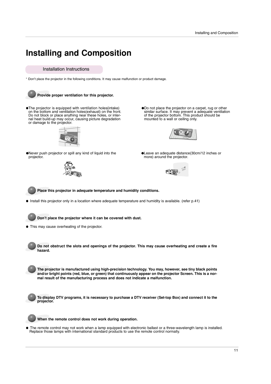 LG Electronics HS102 Installing and Composition, Installation Instructions, This may cause overheating of the projector 